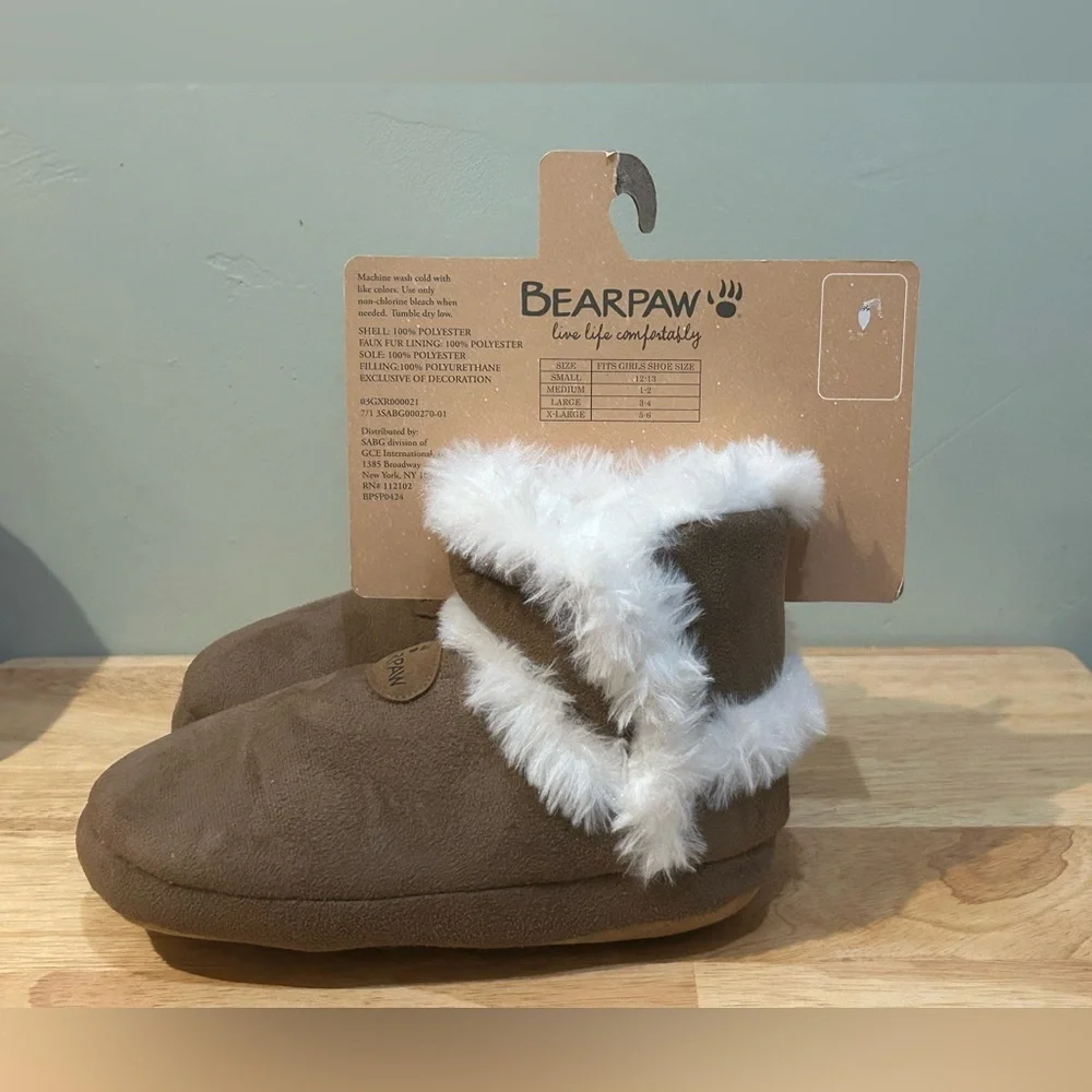BEARPAW Micro Suede Ankle Booties With Faux Fur Trim. Little Girls Size 12-13.